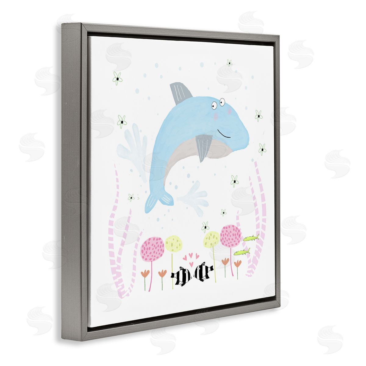 Carla Daly Baby Dolphin & Flowers Gray Floating Frame Canvas Art Print