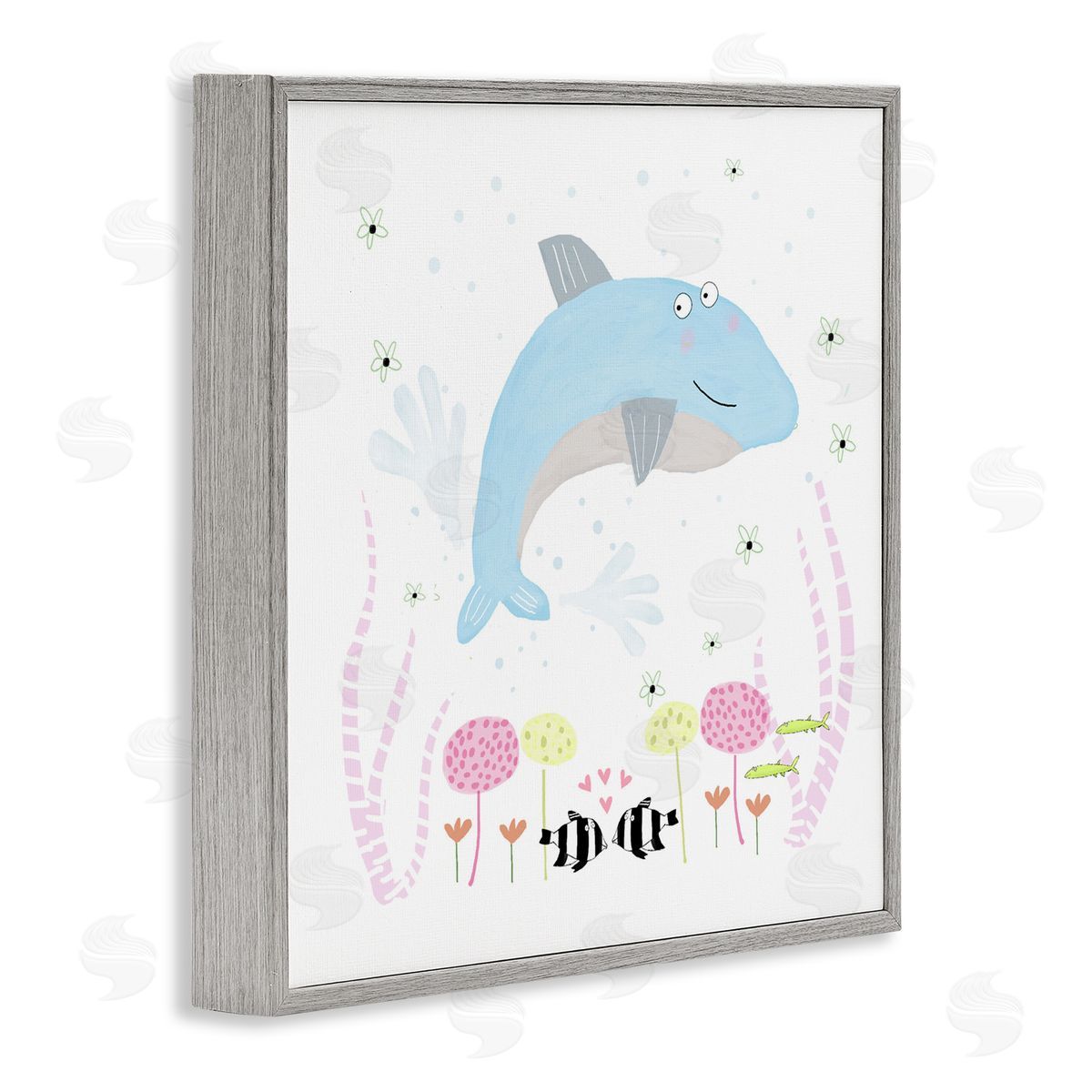 Carla Daly Baby Dolphin & Flowers Gray Framed Giclee Art Print