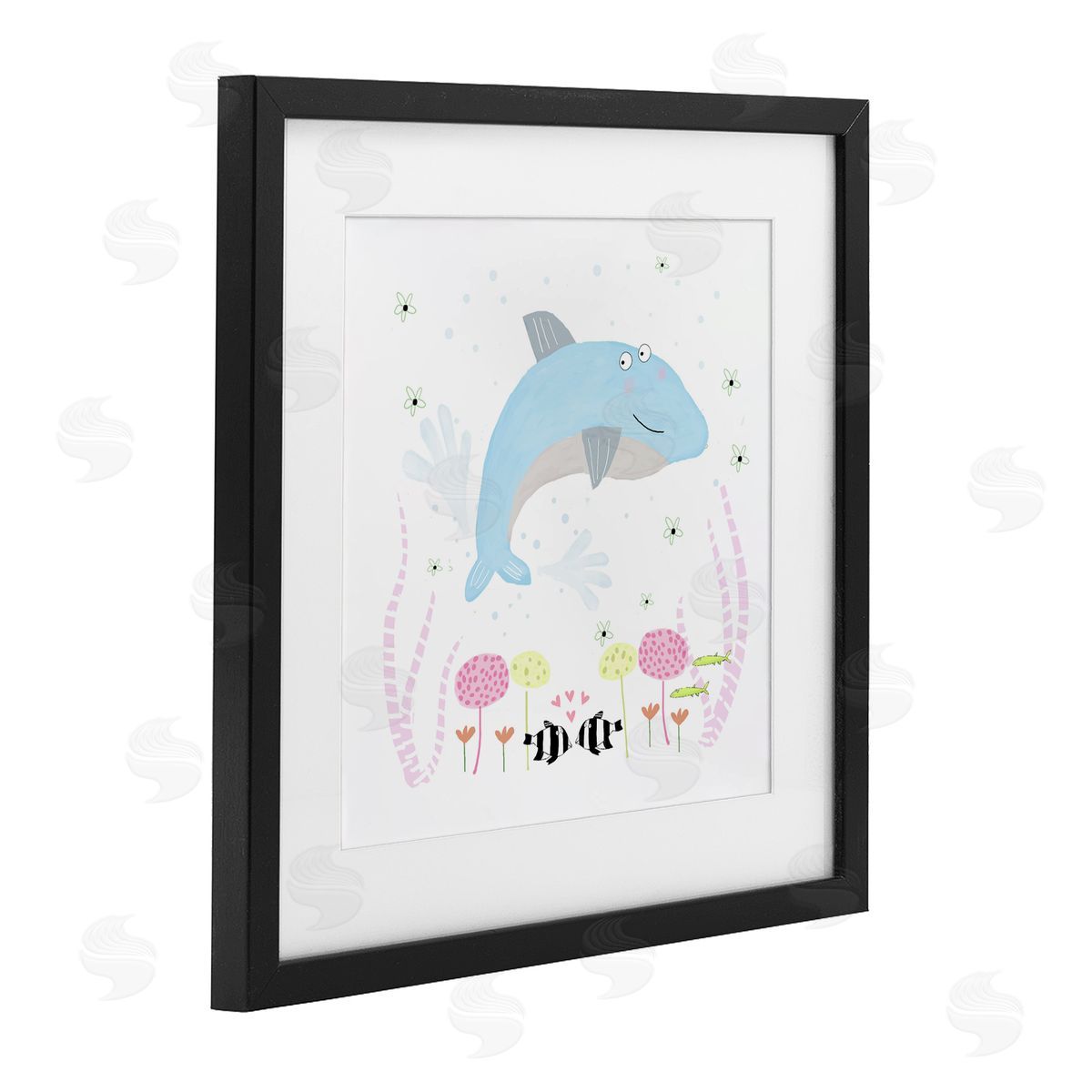 Carla Daly Baby Dolphin & Flowers Black Framed Print Under Glass Art
