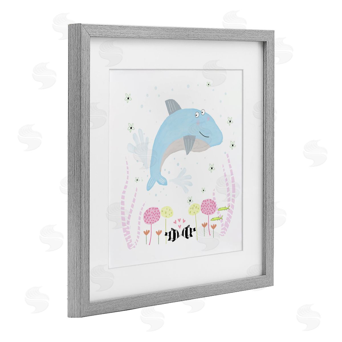 Carla Daly Baby Dolphin & Flowers Gray Framed Print Under Glass Art