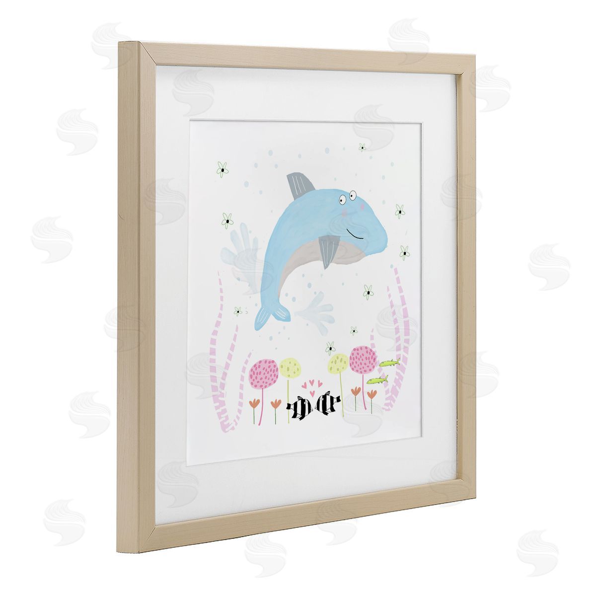 Carla Daly Baby Dolphin & Flowers Birch Framed Print Under Glass Art