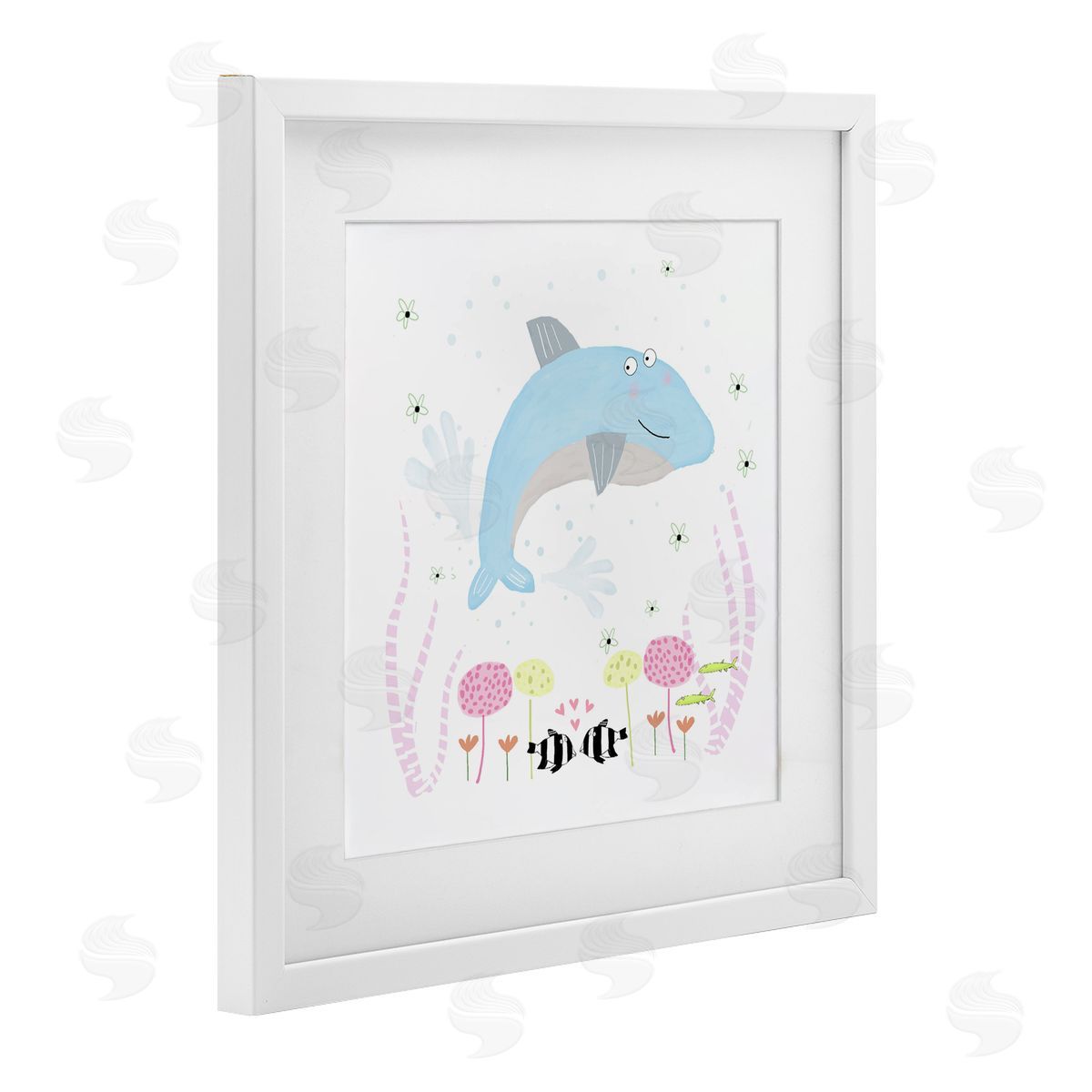 Carla Daly Baby Dolphin & Flowers White Framed Print Under Glass Art