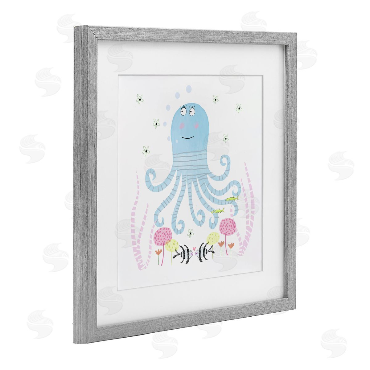 Carla Daly Baby Octopus & Flowers Gray Framed Print Under Glass Art