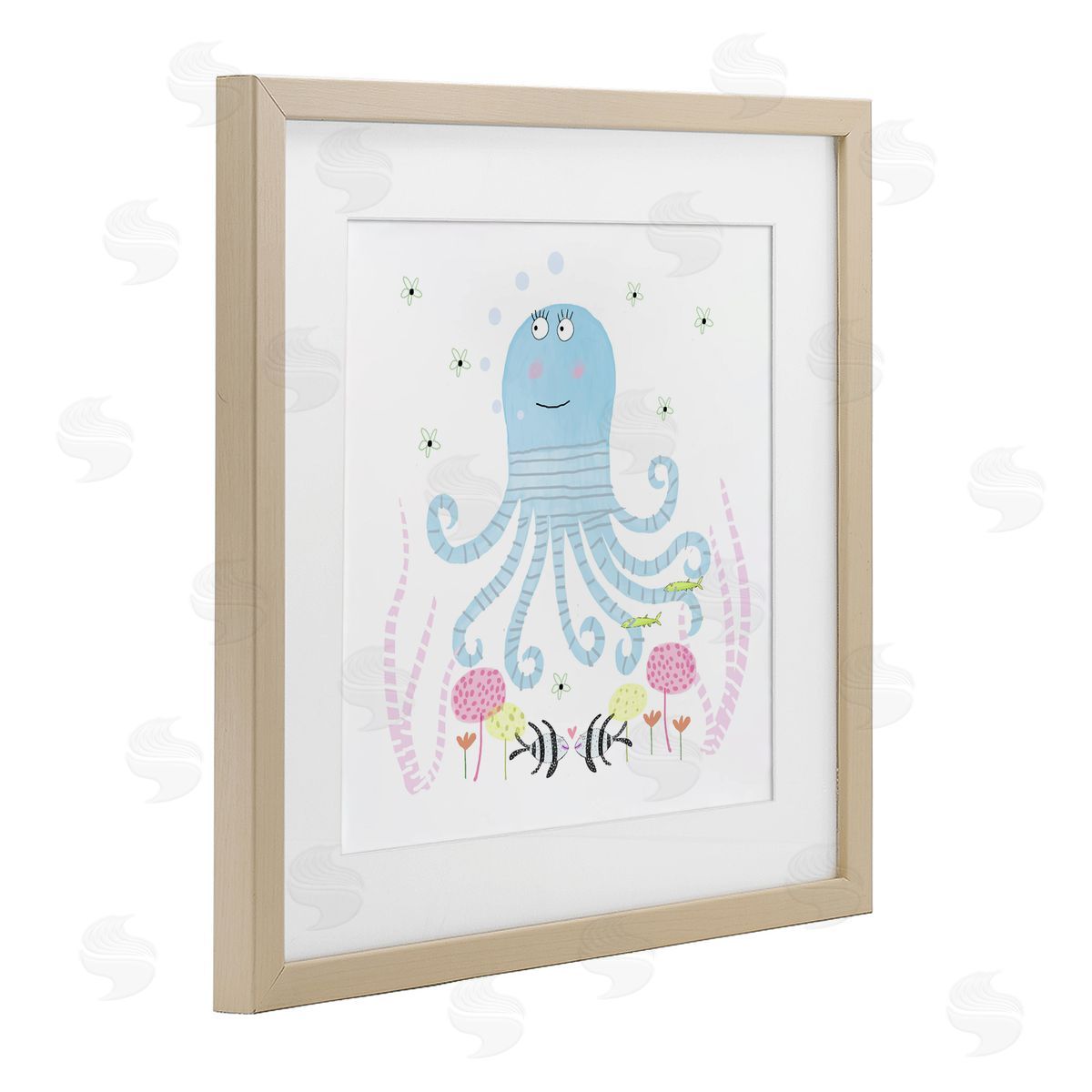 Carla Daly Baby Octopus & Flowers Birch Framed Print Under Glass Art