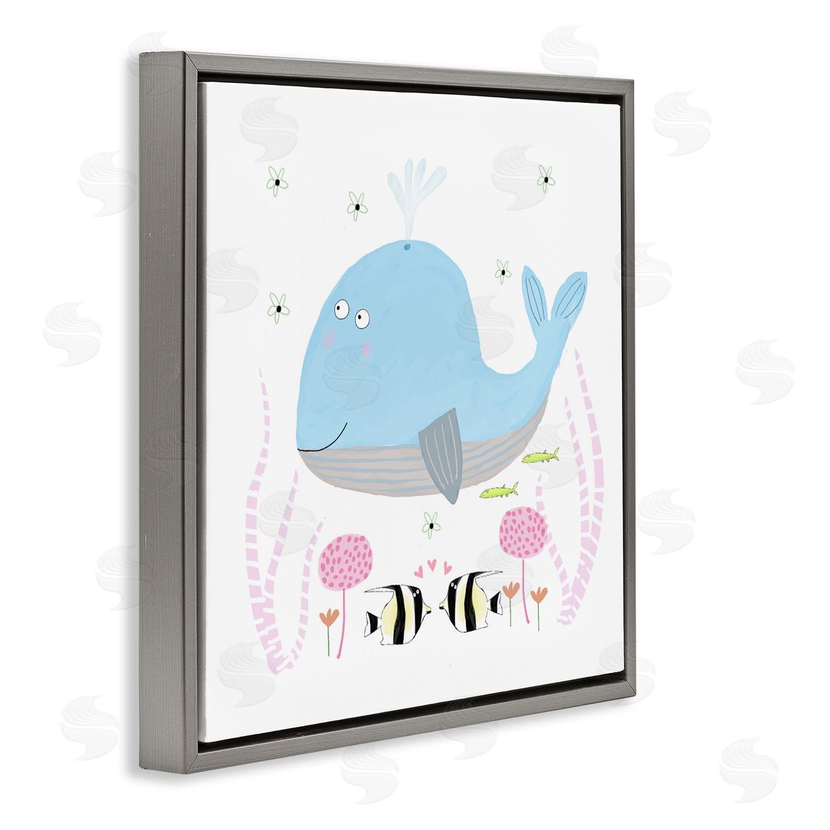 Carla Daly Baby Whale & Flowers Gray Floating Frame Canvas Art Print