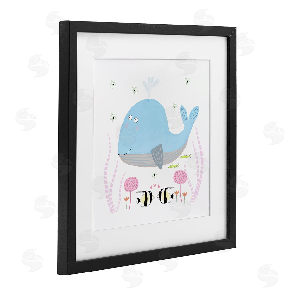 Carla Daly Baby Whale & Flowers Black Framed Print Under Glass Art