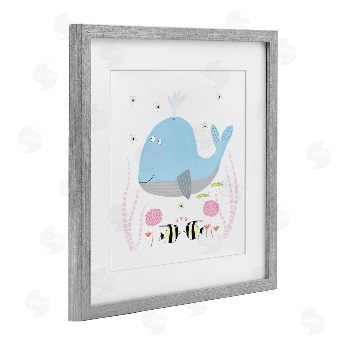 Carla Daly Baby Whale & Flowers Gray Framed Print Under Glass Art