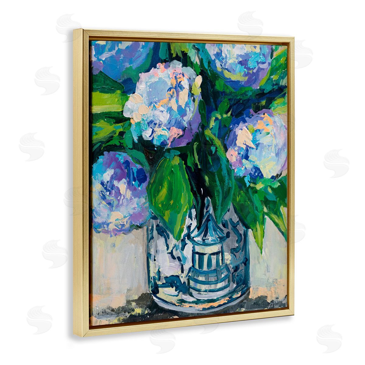 Jeanette Vertentes Blue China Hydrangeas Gold Floating Frame Canvas Art Print