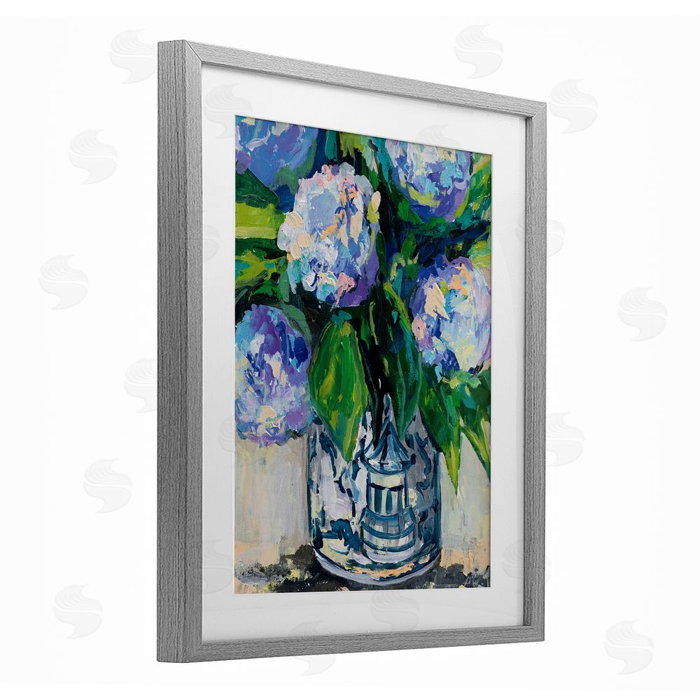 Jeanette Vertentes Blue China Hydrangeas Gray Framed Print Under Glass Art