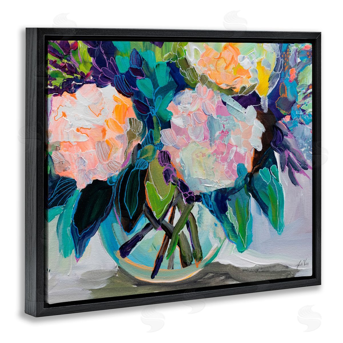 Jeanette Vertentes Late Summer Hydrangeas Black Floating Frame Canvas Wall Art Print