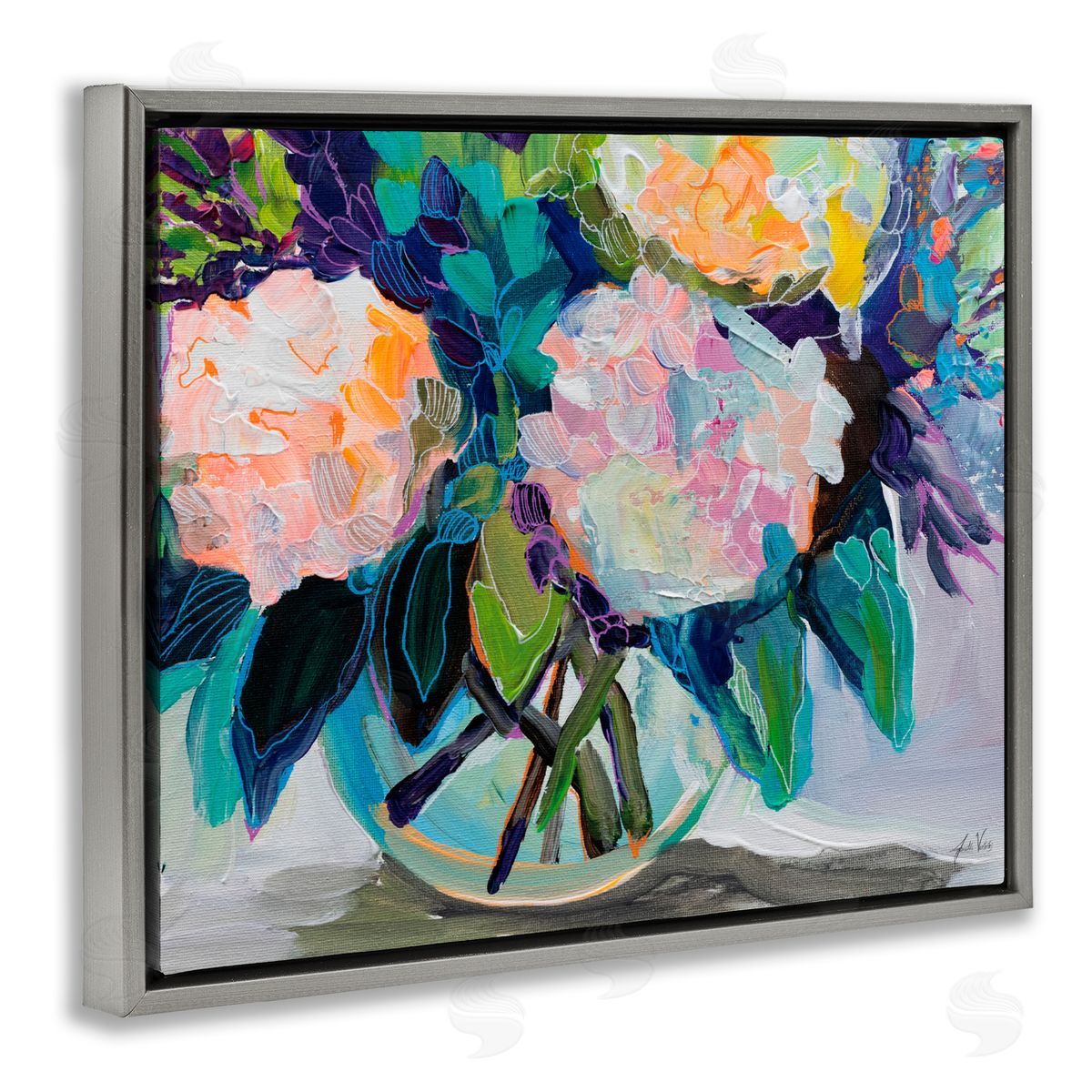 Jeanette Vertentes Late Summer Hydrangeas Gray Floating Frame Canvas Art Print