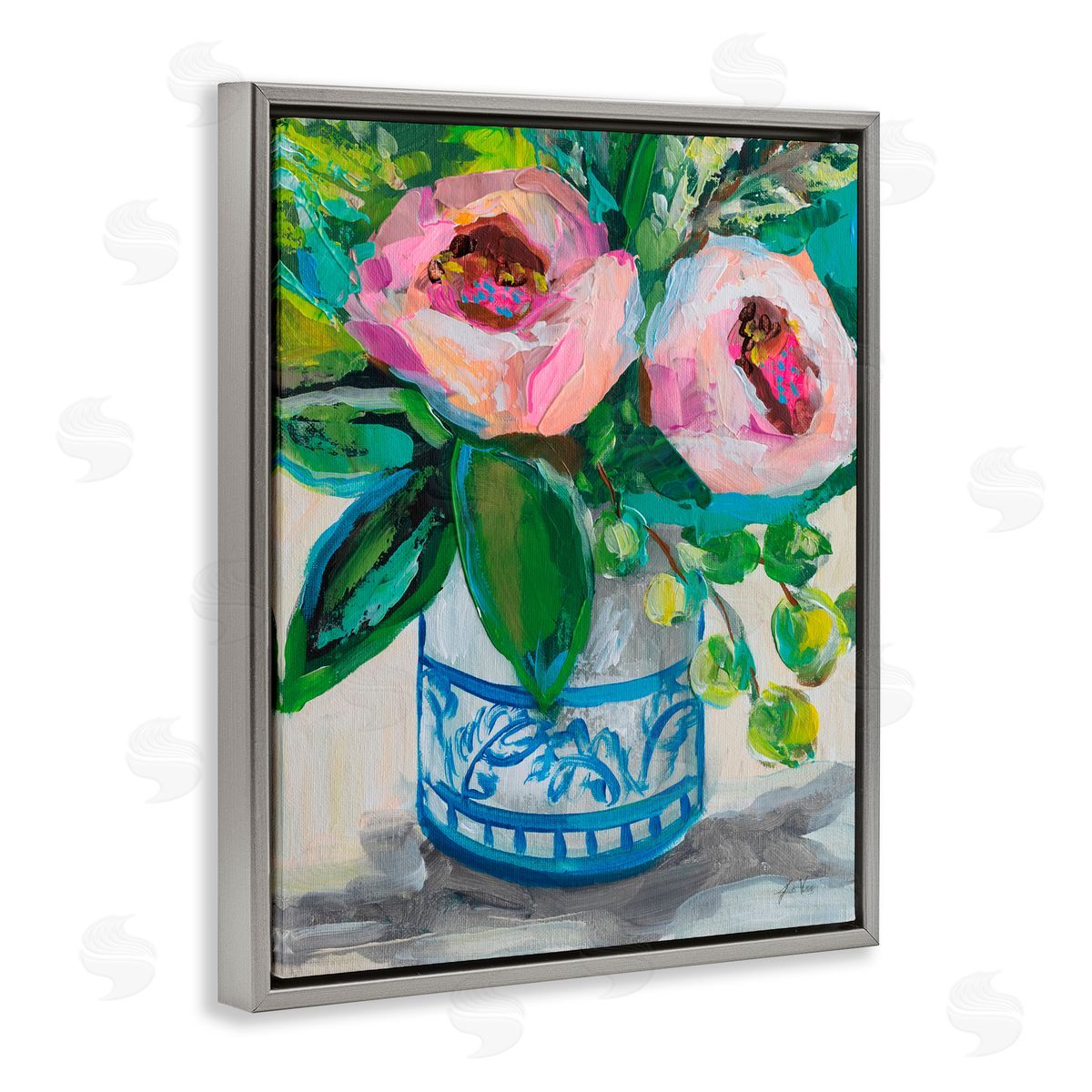Jeanette Vertentes Charlotte's Rose Bouquet Gray Floating Frame Canvas Art Print