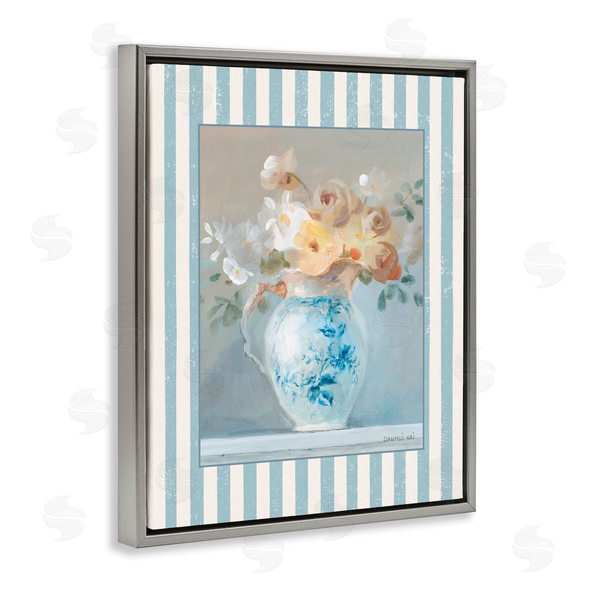 Danhui Nai Heirloom Bouquet with Stripes Gray Floating Frame Canvas Art Print