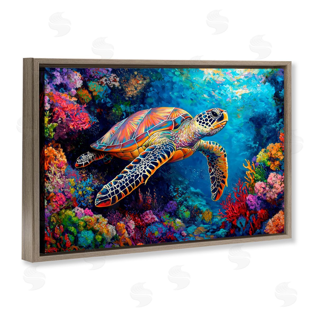LSR Design Studio Colorful Coral Reef & Turtle Brown Floating Frame Canvas Art Print