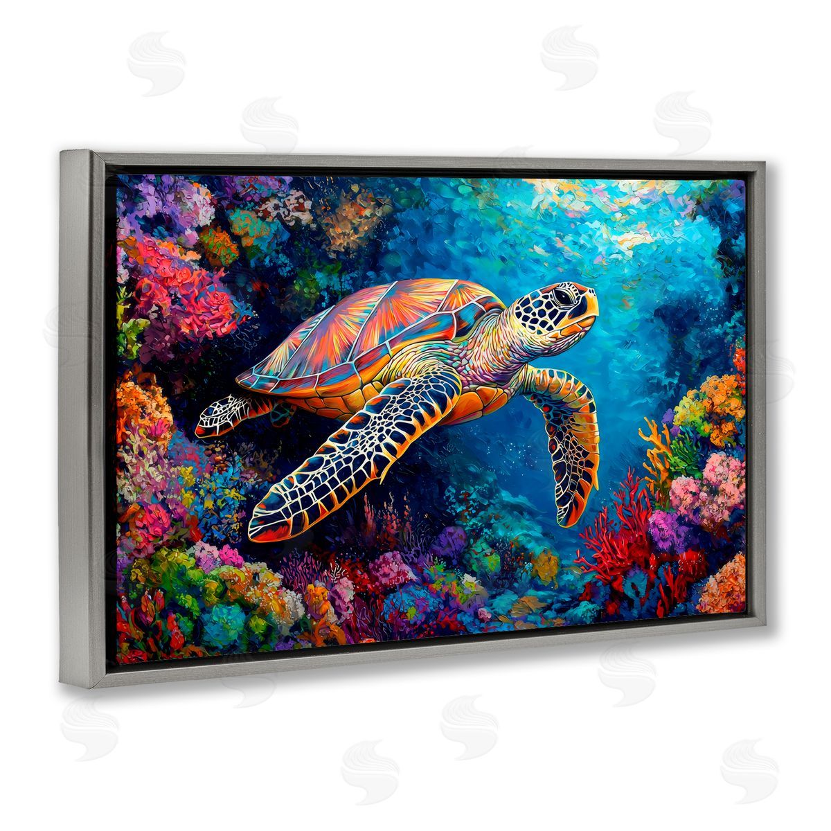 LSR Design Studio Colorful Coral Reef & Turtle Gray Floating Frame Canvas Art Print