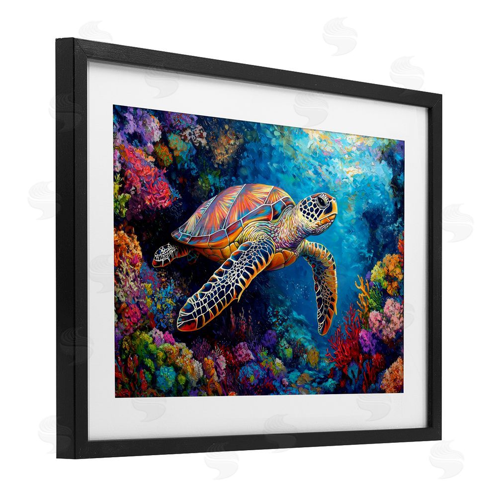 LSR Design Studio Colorful Coral Reef & Turtle Black Framed Print Under Glass Art
