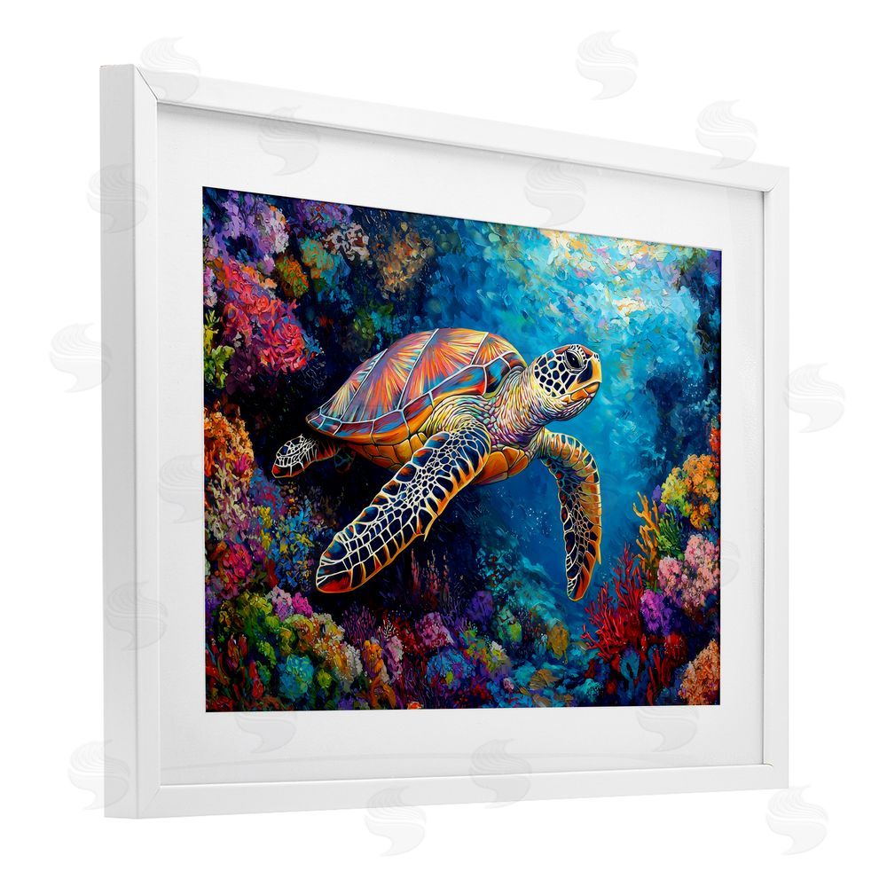 LSR Design Studio Colorful Coral Reef & Turtle White Framed Print Under Glass Art