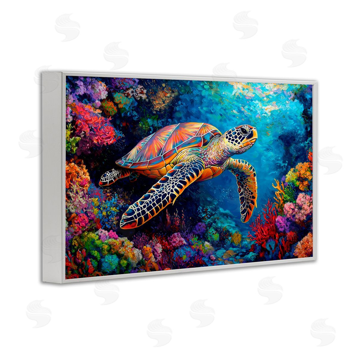 LSR Design Studio Colorful Coral Reef & Turtle White Frame Giclee Art Print