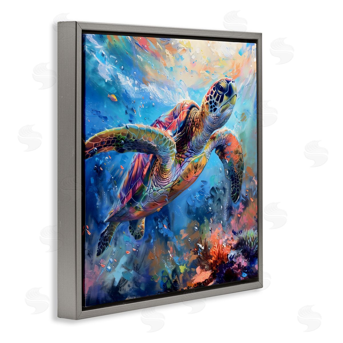 LSR Design Studio Rainbow Sea Turtle & Bubbles Gray Floating Frame Canvas Art Print