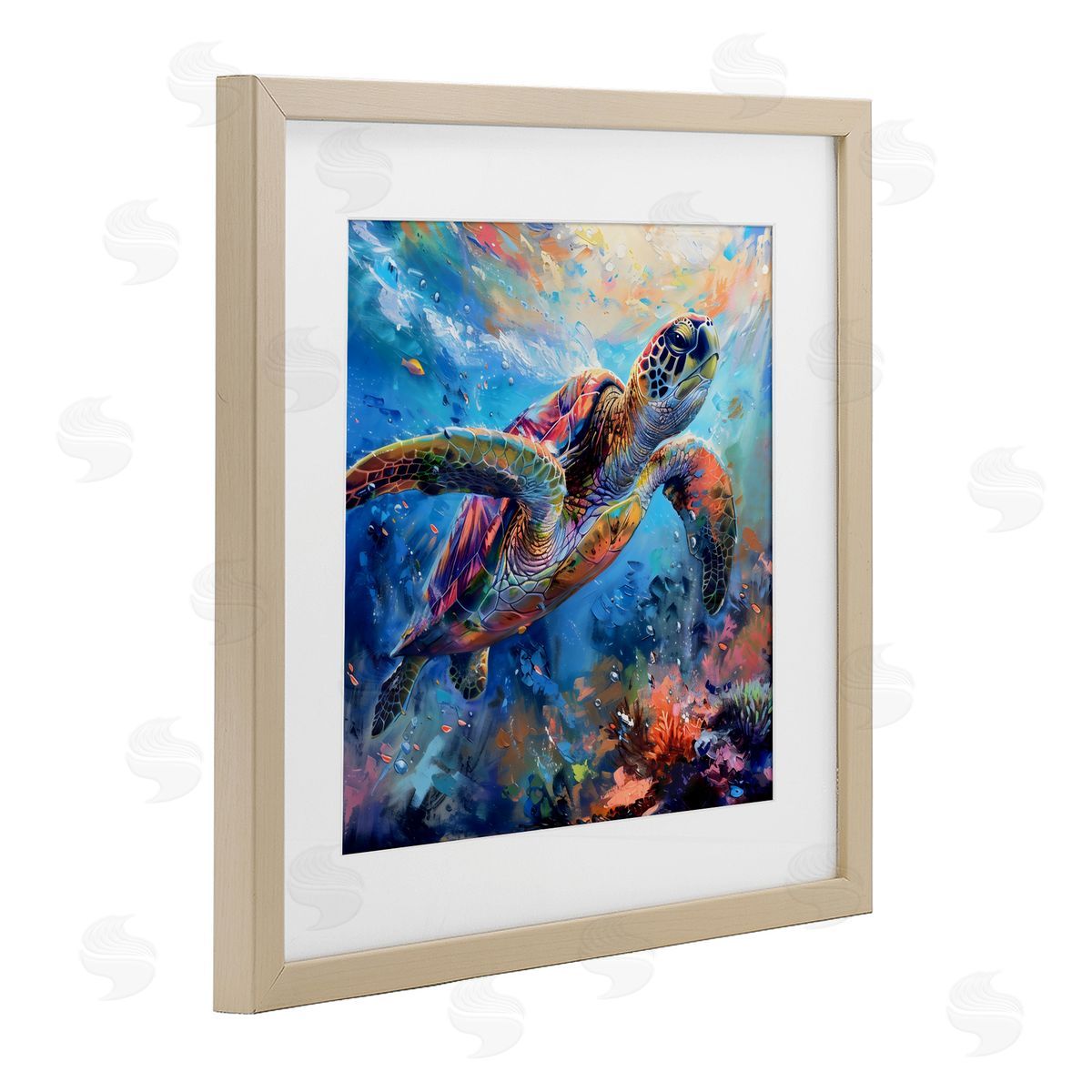 LSR Design Studio Rainbow Sea Turtle & Bubbles Birch Framed Print Under Glass Art