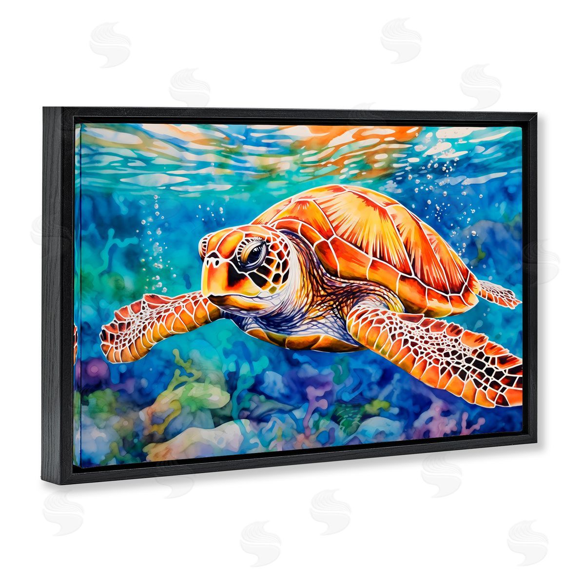 LSR Design Studio Brown Sea Turtle Under Surface Black Floating Frame Canvas Wall Art Print
