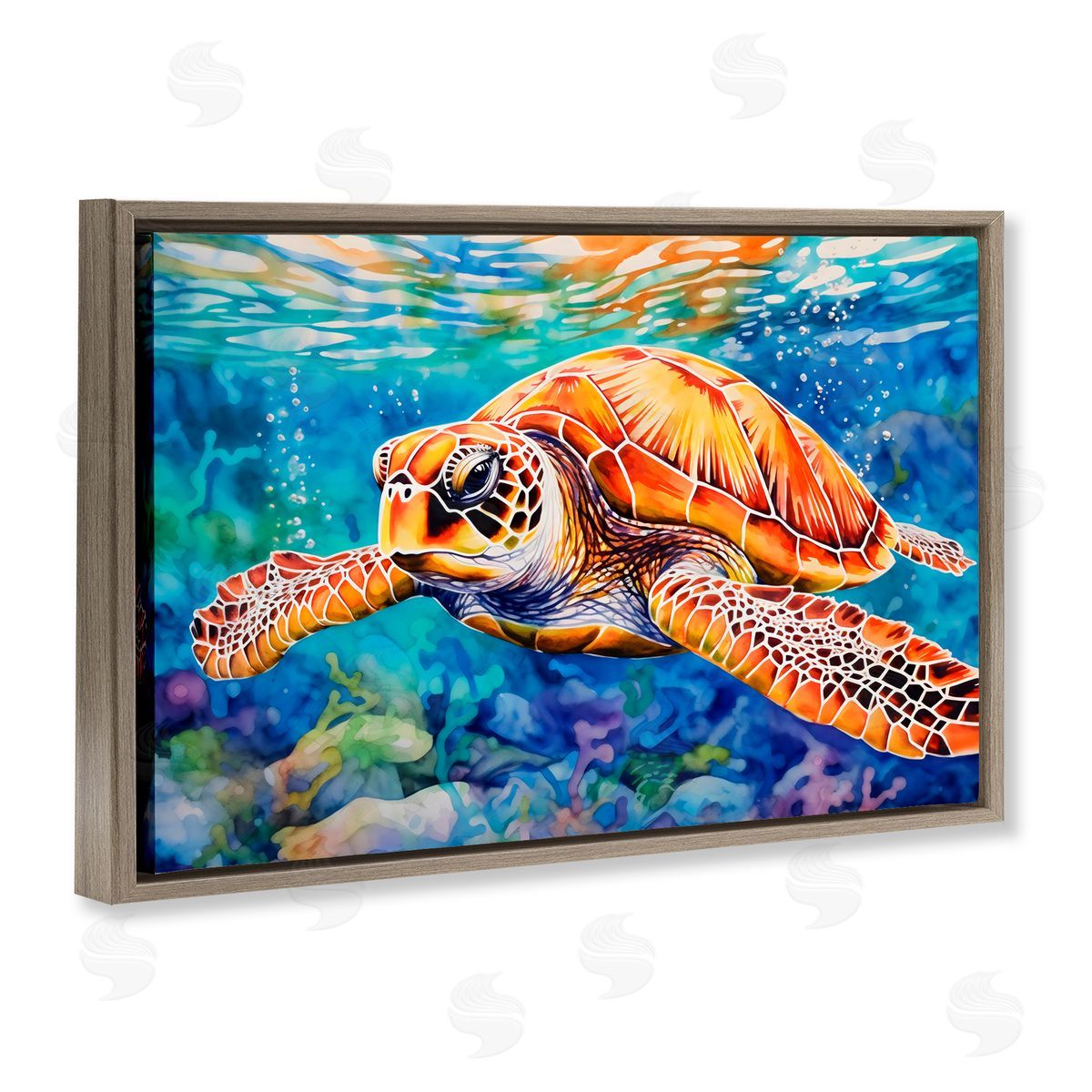 LSR Design Studio Brown Sea Turtle Under Surface Brown Floating Frame Canvas Art Print