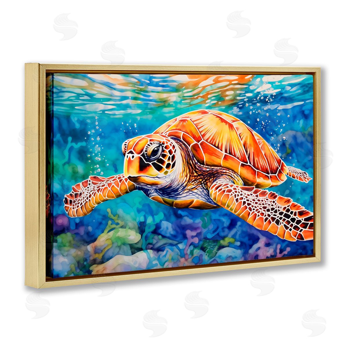LSR Design Studio Brown Sea Turtle Under Surface Gold Floating Frame Canvas Art Print