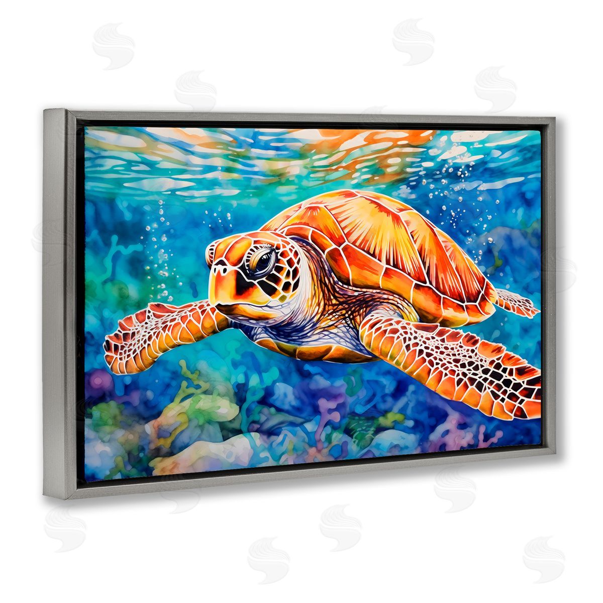 LSR Design Studio Brown Sea Turtle Under Surface Gray Floating Frame Canvas Art Print