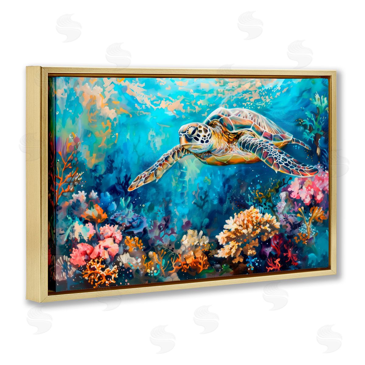 LSR Design Studio Turtle's Underwater World Gold Floating Frame Canvas Art Print
