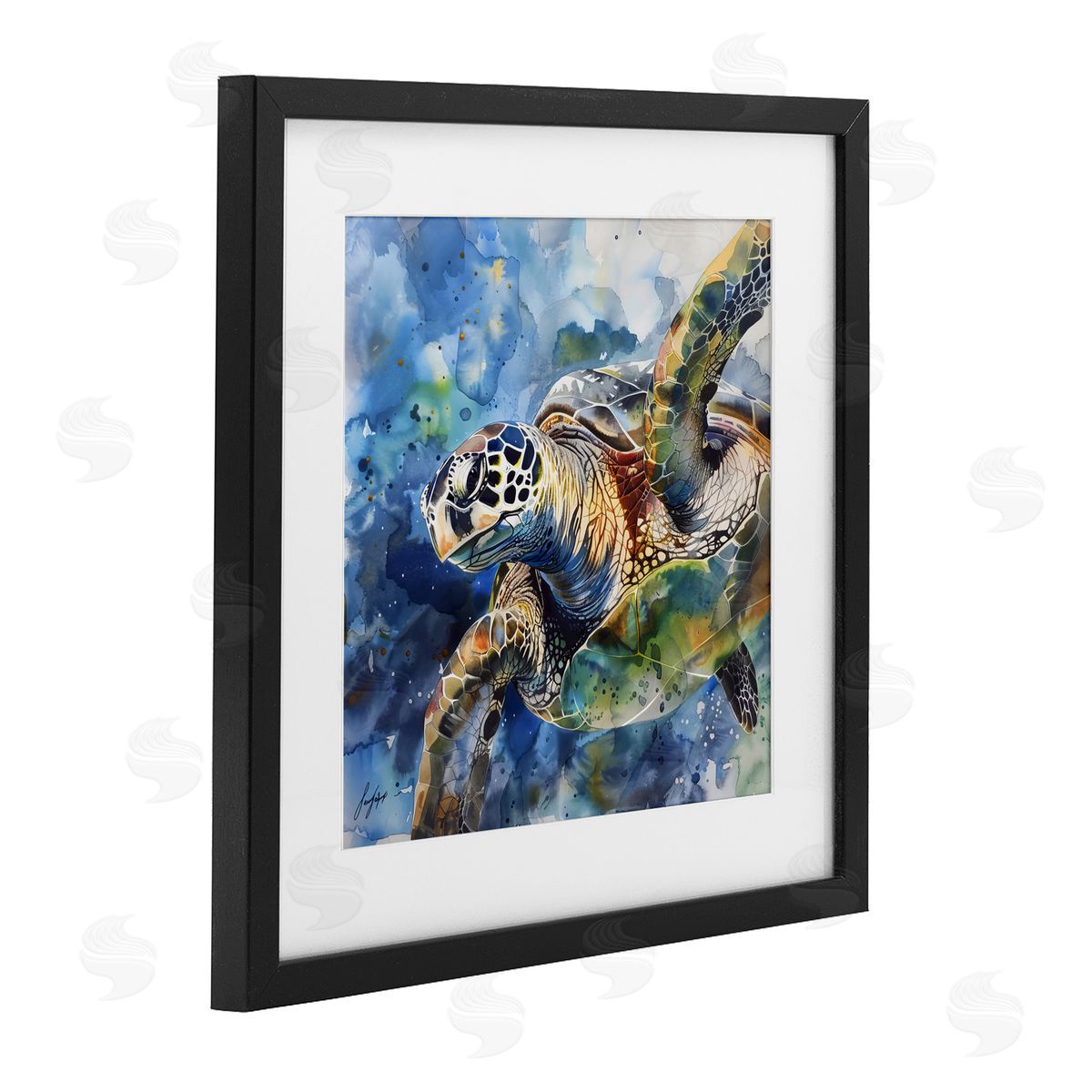 Creative Studio Watercolor Splatter Sea Turtle Black Framed Print Under Glass Art