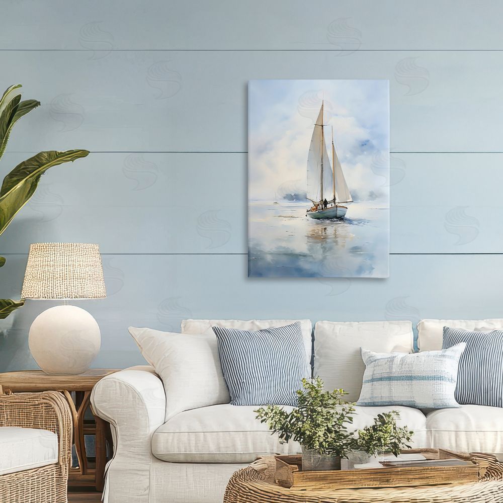 LSR Design Studio Clouded Ocean Waves Sailboat Printed Wall Art in Room