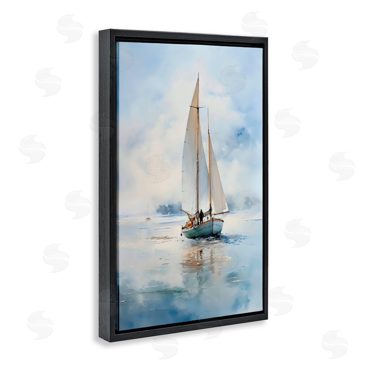 LSR Design Studio Clouded Ocean Waves Sailboat Black Floating Frame Canvas Wall Art Print