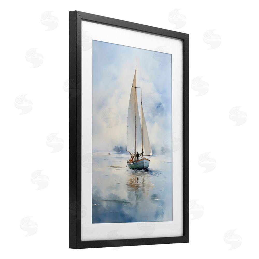 LSR Design Studio Clouded Ocean Waves Sailboat Black Framed Print Under Glass Art
