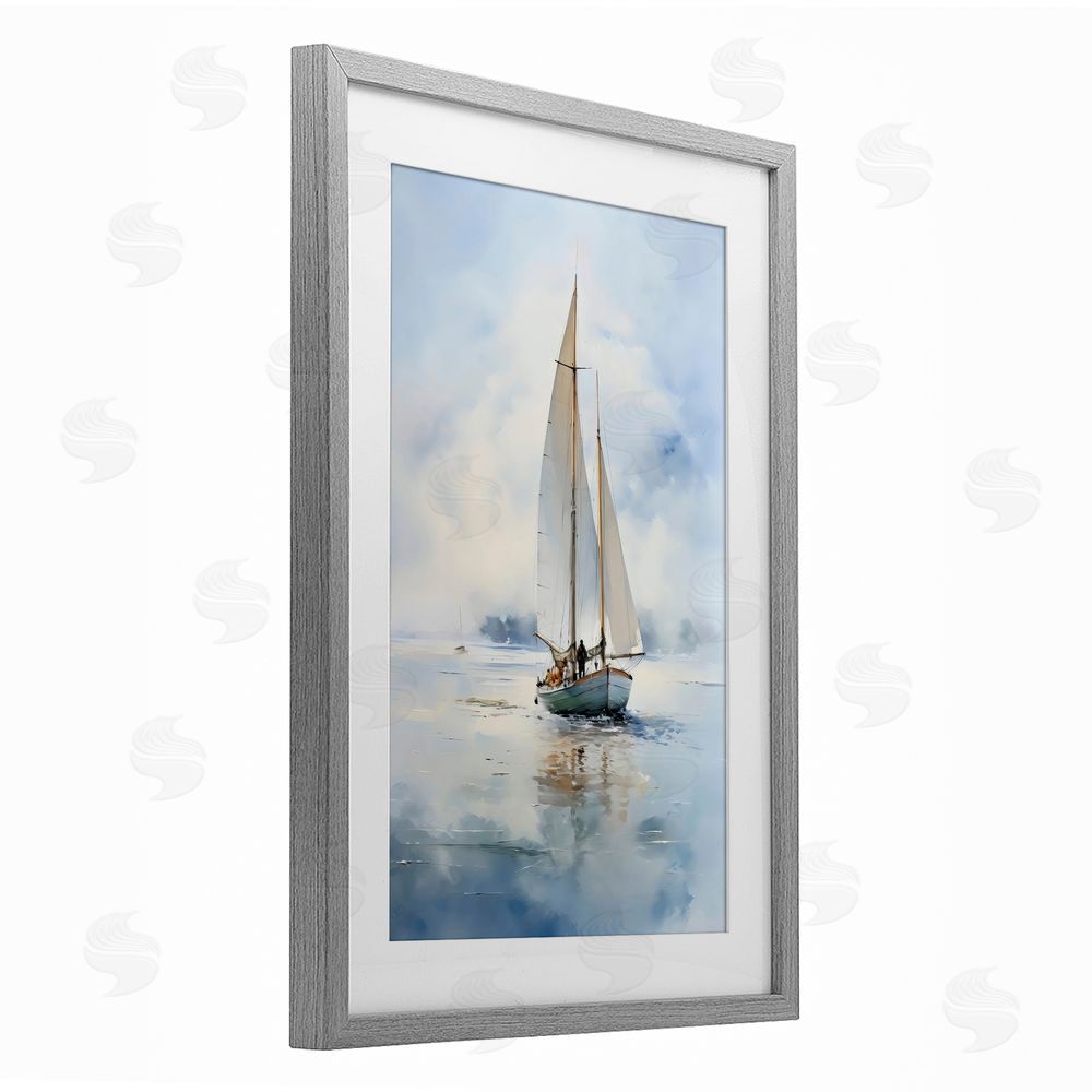 LSR Design Studio Clouded Ocean Waves Sailboat Gray Framed Print Under Glass Art