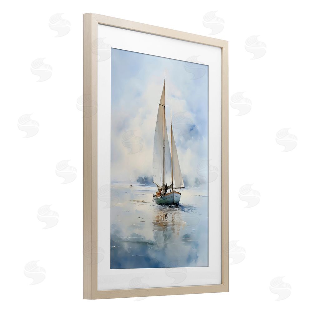 LSR Design Studio Clouded Ocean Waves Sailboat Birch Framed Print Under Glass Art