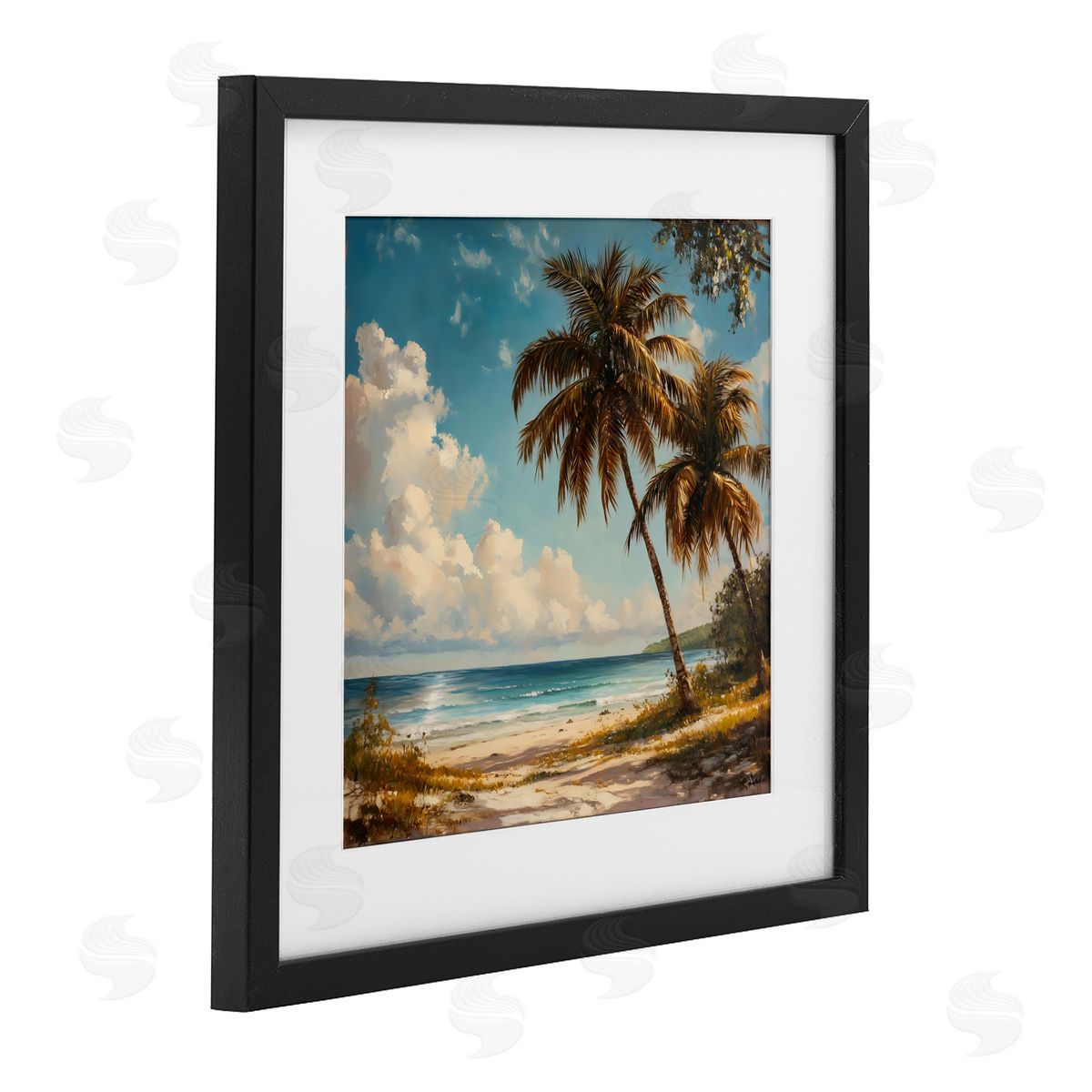 Creative Studio Summer Beach Palms & Clouds Black Framed Print Under Glass Art