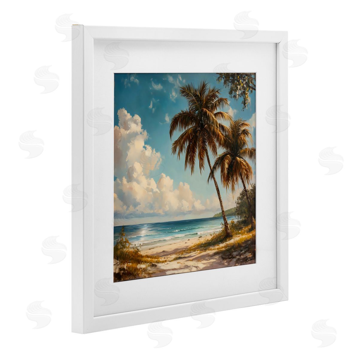 Creative Studio Summer Beach Palms & Clouds White Framed Print Under Glass Art