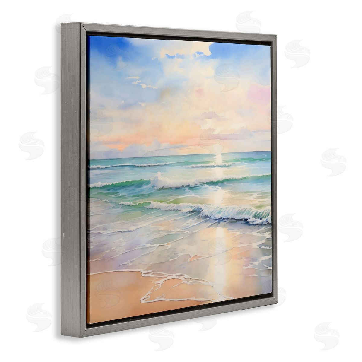 Creative Studio Crashing On Shore at Sunrise Gray Floating Frame Canvas Art Print