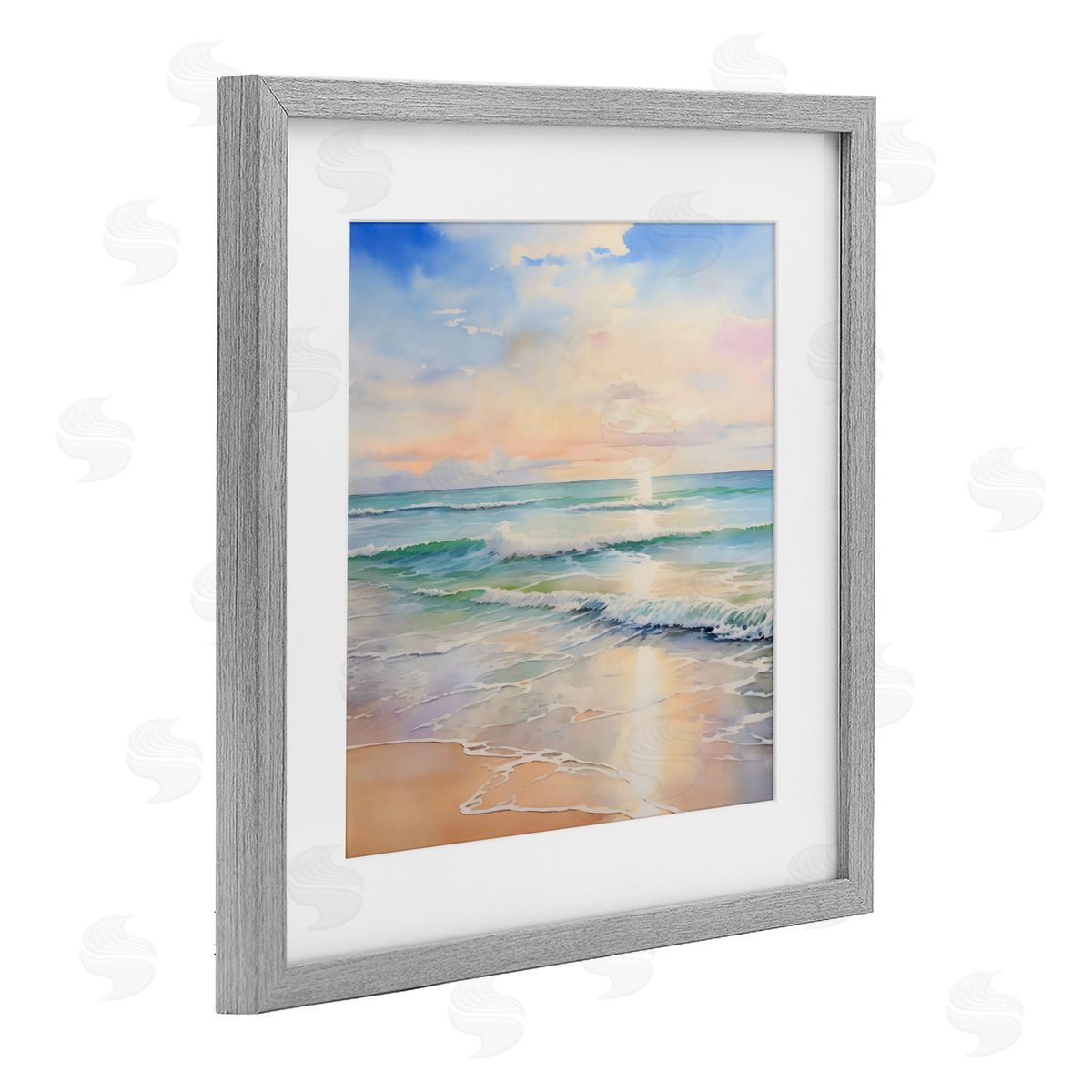 Creative Studio Crashing On Shore at Sunrise Gray Framed Print Under Glass Art