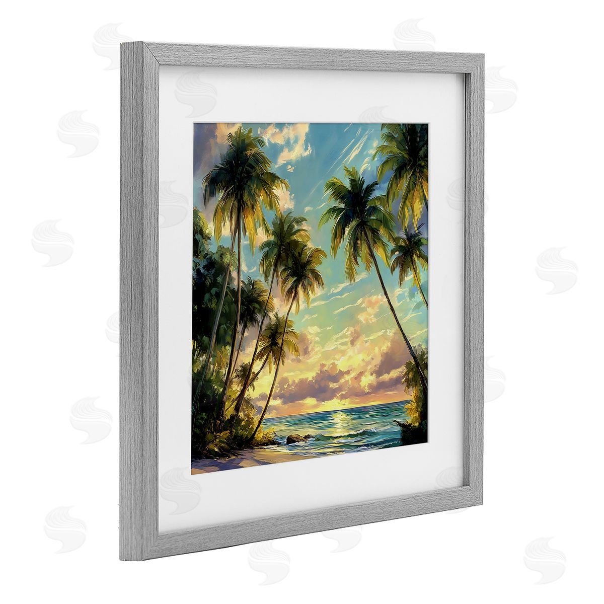 Creative Studio Sunset On The Beach Palms Gray Framed Print Under Glass Art