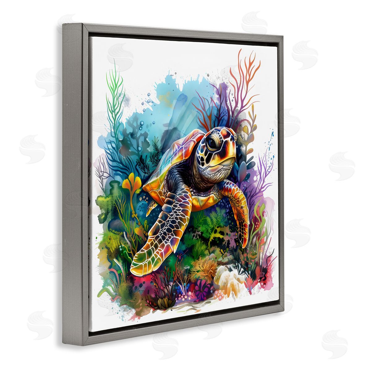 LSR Design Studio Sea Turtle & Vivid Coral Reef Gray Floating Frame Canvas Art Print
