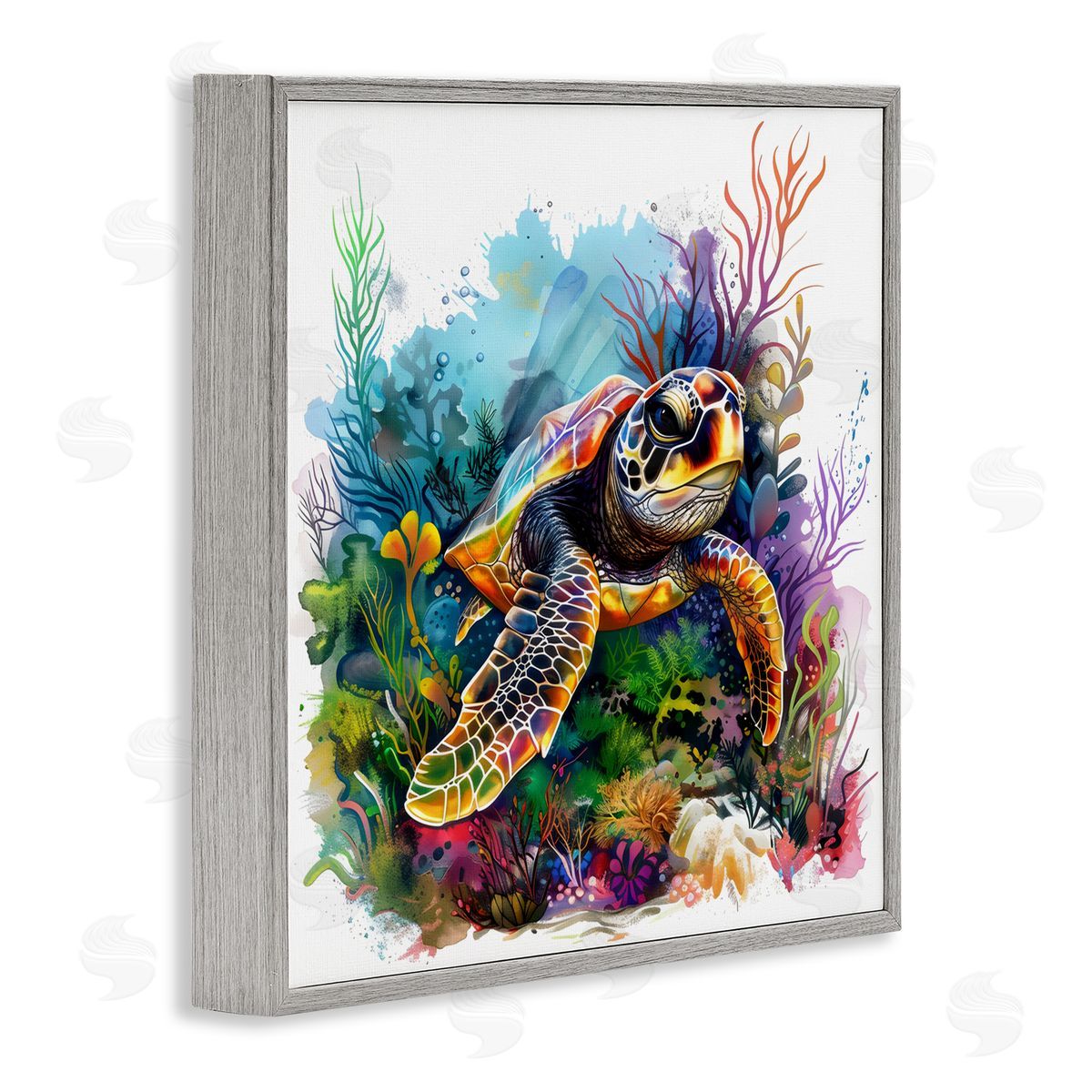 LSR Design Studio Sea Turtle & Vivid Coral Reef Gray Framed Giclee Art Print