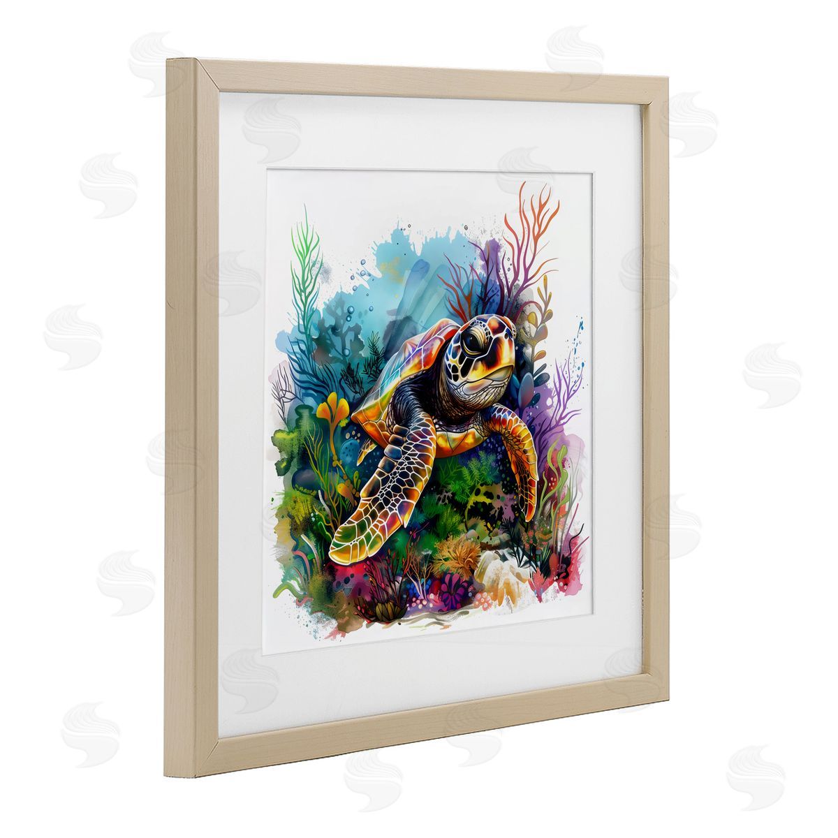LSR Design Studio Sea Turtle & Vivid Coral Reef Birch Framed Print Under Glass Art