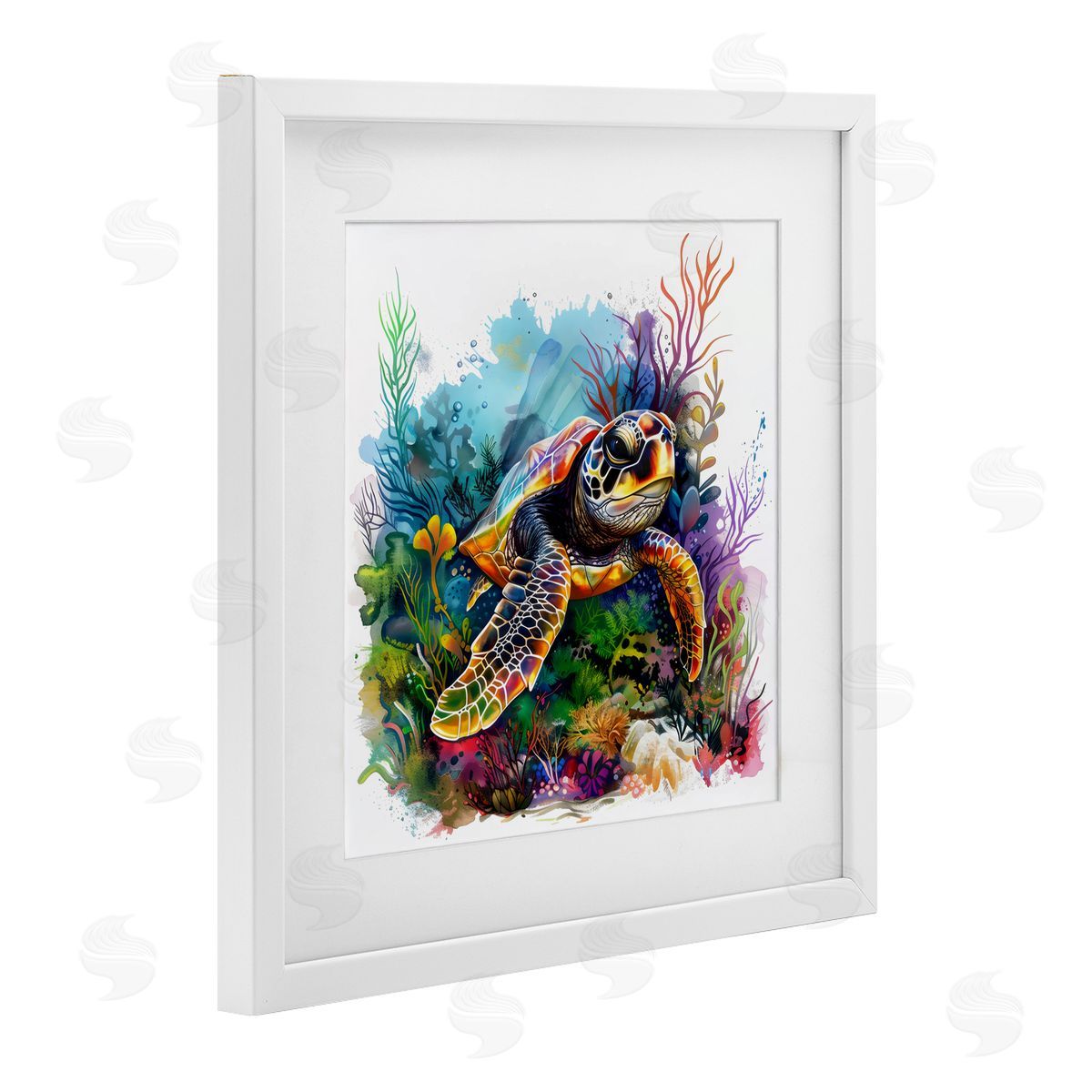 LSR Design Studio Sea Turtle & Vivid Coral Reef White Framed Print Under Glass Art