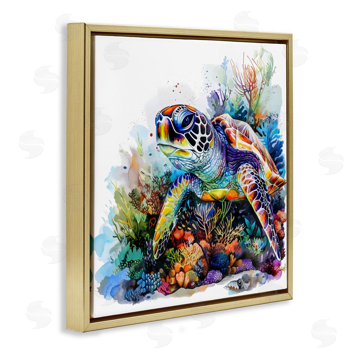 LSR Design Studio Coral Sanctuary Sea Turtle Gold Floating Frame Canvas Art Print