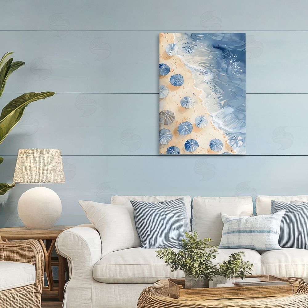 LSR Design Studio Aerial Blue Beach Umbrellas Printed Wall Art in Room