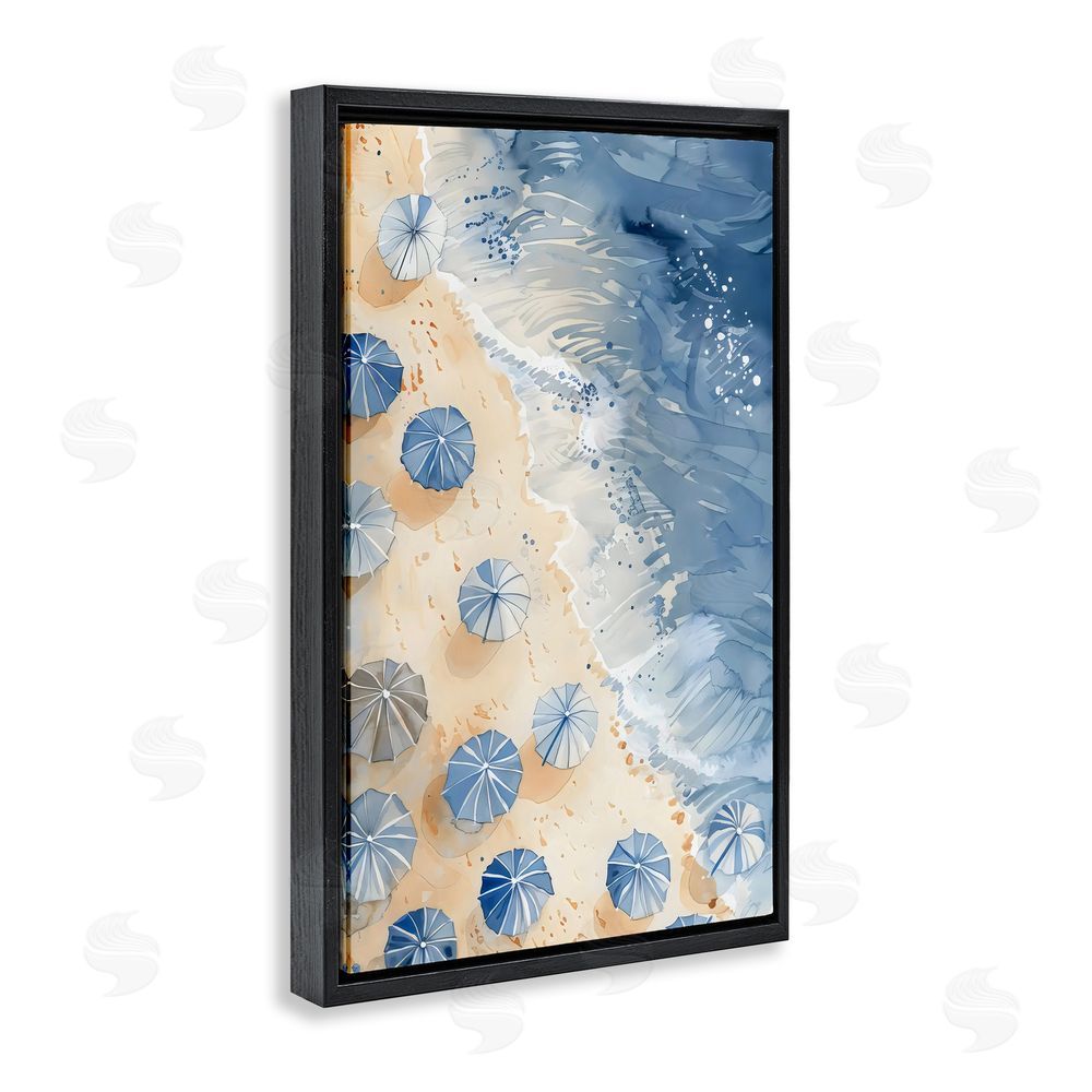 LSR Design Studio Aerial Blue Beach Umbrellas Black Floating Frame Canvas Wall Art Print