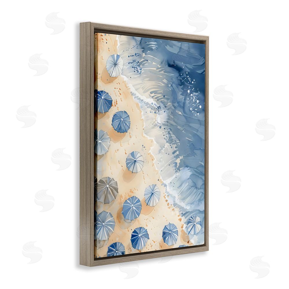 LSR Design Studio Aerial Blue Beach Umbrellas Brown Floating Frame Canvas Art Print