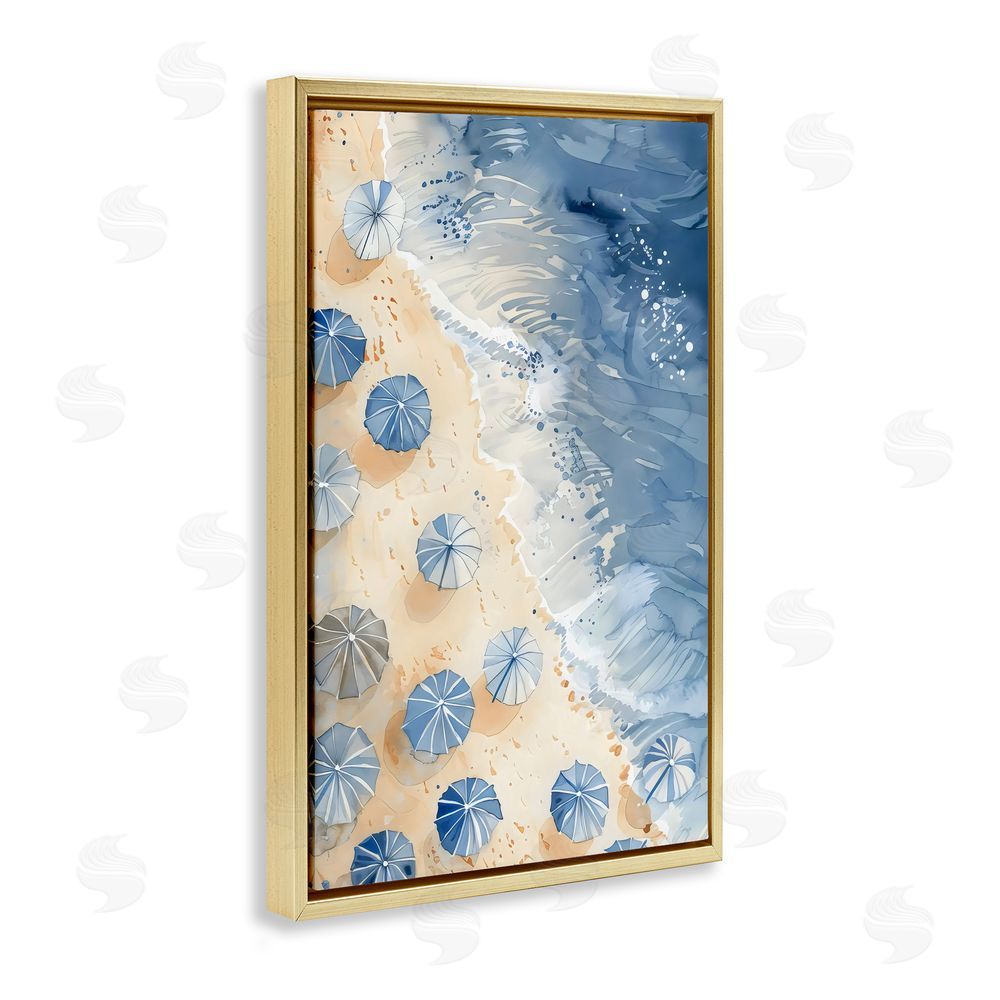 LSR Design Studio Aerial Blue Beach Umbrellas Gold Floating Frame Canvas Art Print