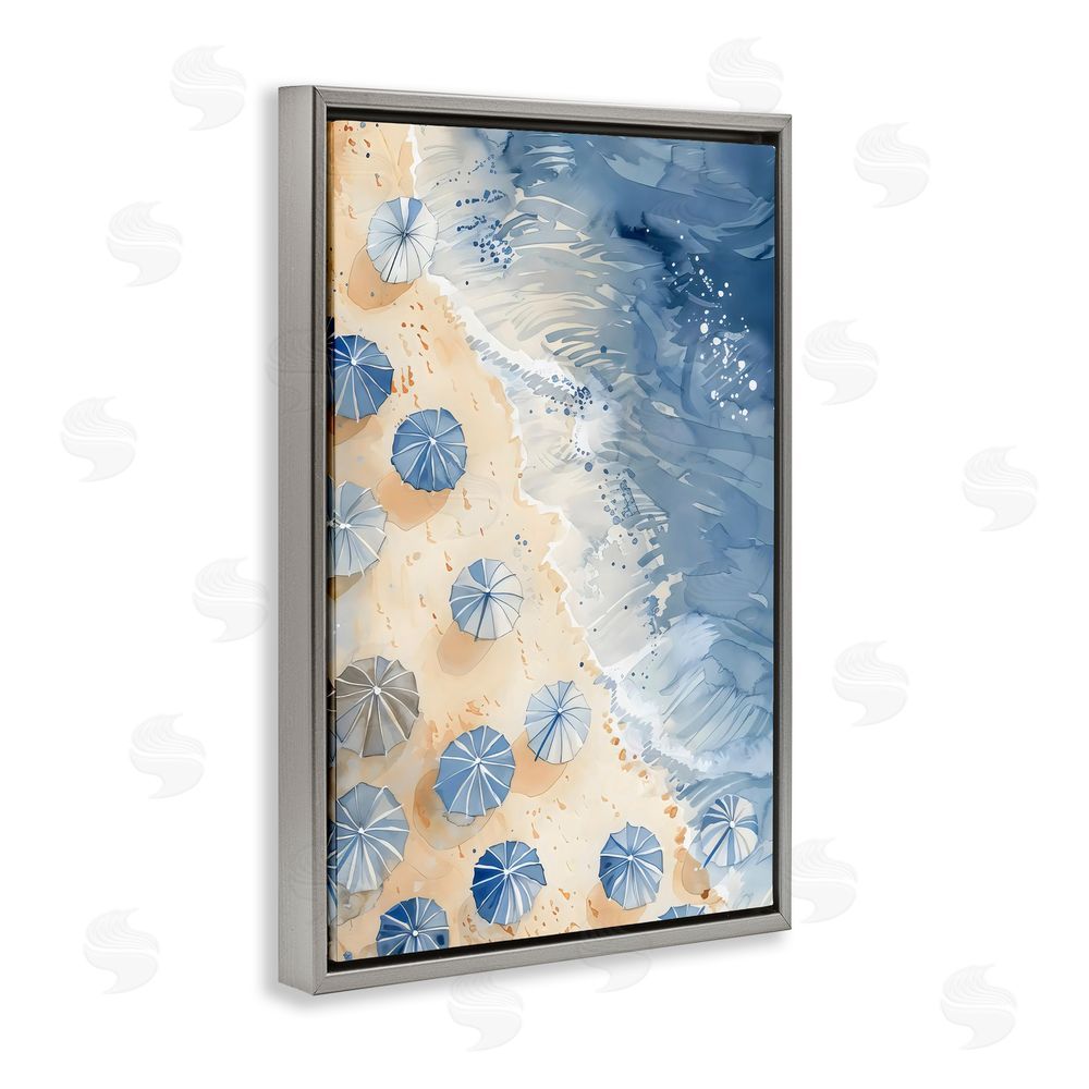 LSR Design Studio Aerial Blue Beach Umbrellas Gray Floating Frame Canvas Art Print